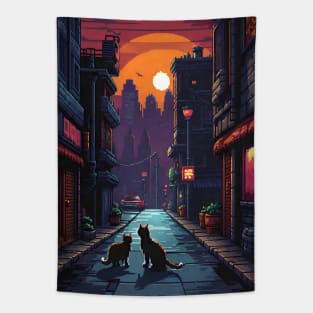 Pixel Art - City Cats (Night City) Tapestry
