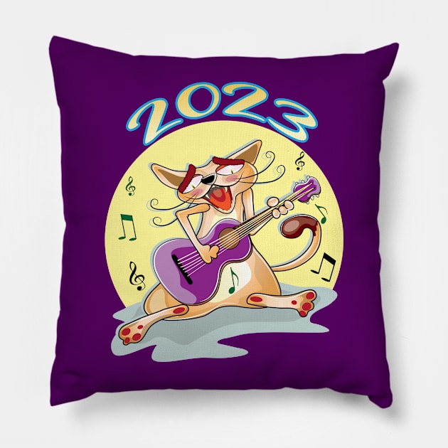 Happy New Year 2023 Cat Playing Guitar Pillow by ArticArtac