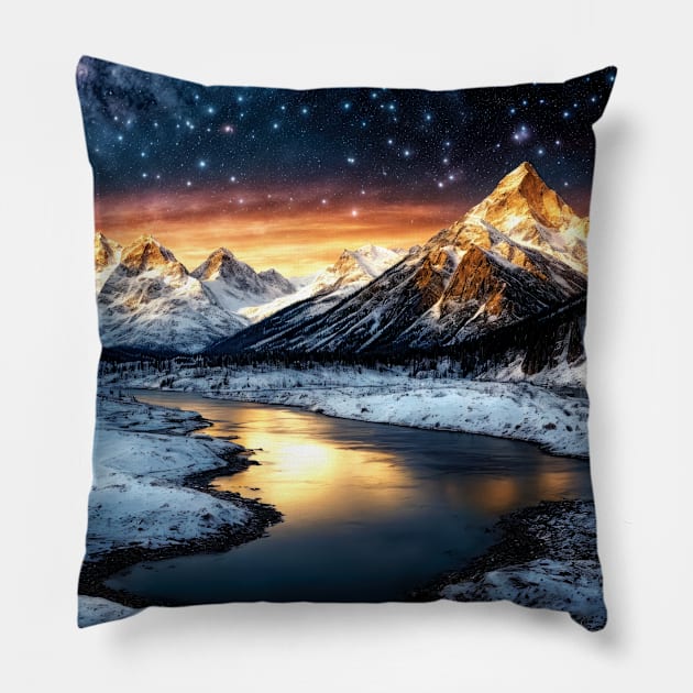 Frozen River in the Mountains Under a Starry Sky - Landscape Pillow by jecphotography