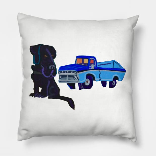 Black Lab and Pickup Truck Pillow by SPINADELIC