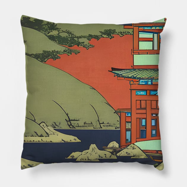 Japanese Shinto Shrine by the sea Pillow by Ravenglow