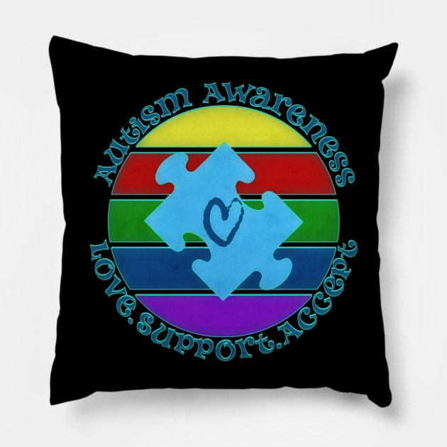 Autism Awareness Retro Sunset Puzzle Heart Design Pillow by mythikcreationz