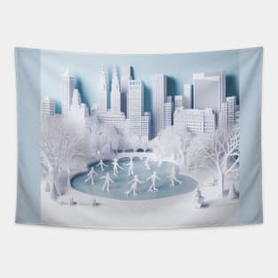 Paper Art Ice Skaters and Sky Scrapers Tapestry