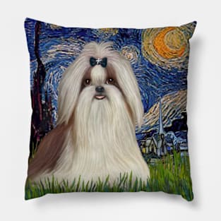 Starry Night (Van Gogh) Adapted to Feature a Long haired Shih Tzu Pillow