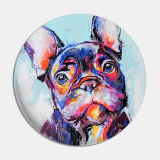 Oil bulldog muzzle portrait painting in multicolored tones. Pin