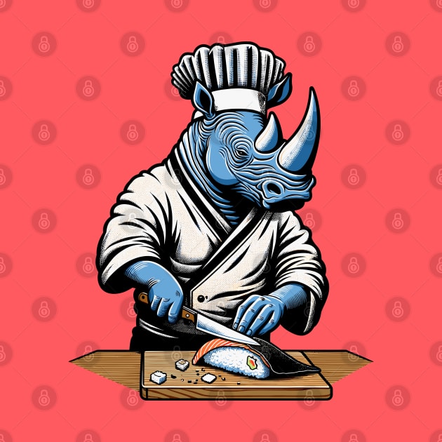 Sushi Master Rhino - Retro Japanese Chef Cartoon by TimeWarpWildlife