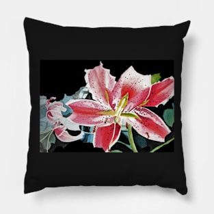 Lily Watercolor Painting - Red on Black Pillow