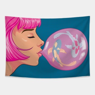 Pink Haired Girl Blowing Bubble Gum Koi Fish Tapestry