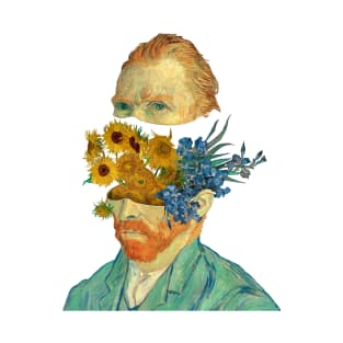 Surreal Van Gogh head with Sunflowers and Irises T-Shirt