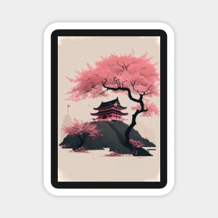 Serene Serenity: Minimal Japanese Temple and Cherry Blossoms Magnet