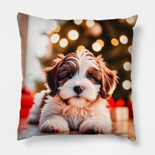 Havanese Puppy with Christmas Holiday Gifts Pillow