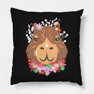 Cute Brown Kawaii Capybara's Face with Flowers Pillow