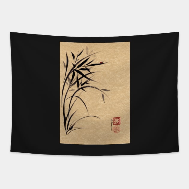 "Serene"  Sumi-e ladybug & bamboo ink brush painting Tapestry by tranquilwaters