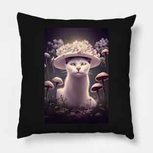 White Cat Under a Floral Mushroom | White cat with green eyes | Digital art Sticker Pillow