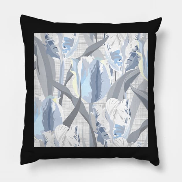 Parrot tulips gray / blue on linen texture Pillow by kobyakov