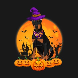 Funny Witch Hat Pumpkin Doberman Halloween T-Shirt