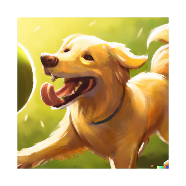 Golden retriever playing with ball happily and energetically on a playing field by ramith-concept