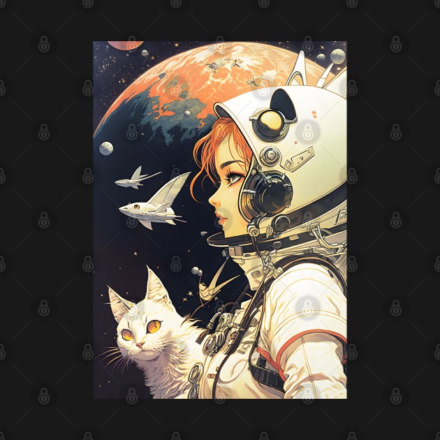 Girl and Cat in Space Fantastic Retro 70s by Ai Wanderer