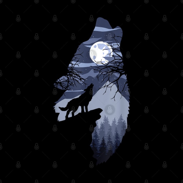 Forest with Full-Moon and Cliff Of Silhouette Howling Wolf by The Full Moon Shop