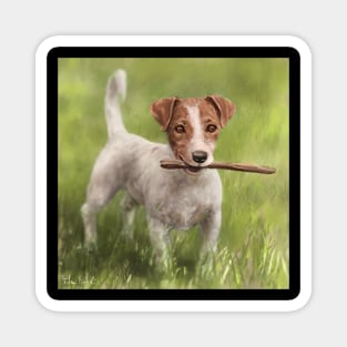 Painting of a Jack Russell Dog With a Stick in its Mouth Standing on a Green Grass Magnet