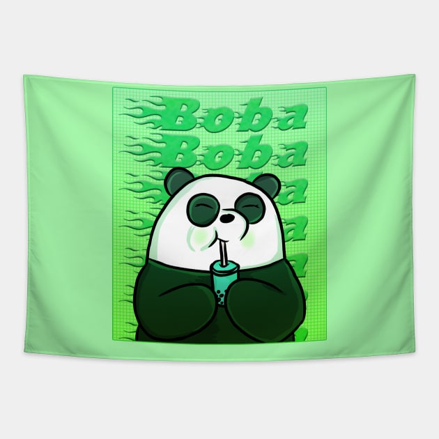 Green Boba Panda Tapestry by RoserinArt