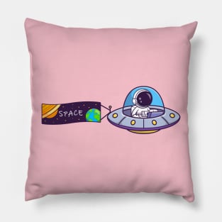 Cute Astronaut Riding UFO With Space Banner Cartoon Pillow