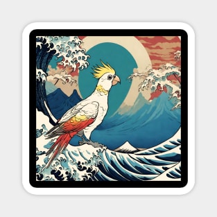 Vintage Cockatiel Bird Surfing in the Great Wave Bird Watching Bird Dad Feeder Magnet