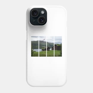 Wonderful landscapes in Norway. Vestland. Beautiful scenery of houses with grass roof. Norwegian traditional architecture Mountains, trees and snow in background. Cloudy day Phone Case