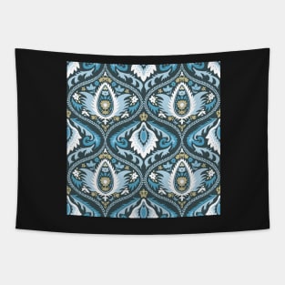 Classic ogee pattern with tendrils light blue and white on dark blue Tapestry