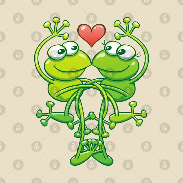 Sweet couple of green frogs intertwining their arms and legs while madly falling in love by zooco