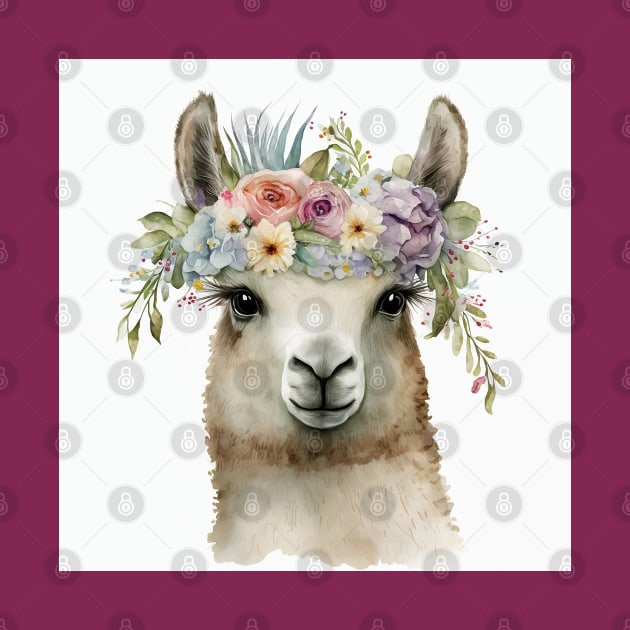 Single llama watercolor close up with flower headband crown by Danielleroyer