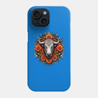 Buffalo Surrounded By A Wreath Of Orange Flowers Tattoo Art Phone Case