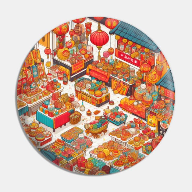 A bustling market scene filled with stalls offering traditional Chinese New Year goodies, decorations, and symbolic items. Capture the excitement and prosperity of the holiday. Pin by maricetak