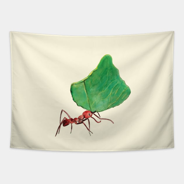 Ant carrying big leaf Tapestry by Julia Doria Illustration