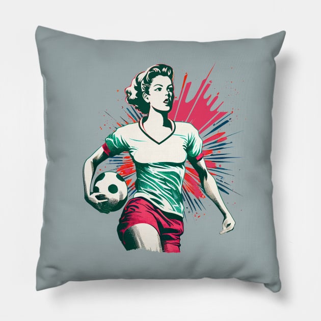 Womens Badass Soccer Player with Ball Retro Design Pillow by Pine Hill Goods