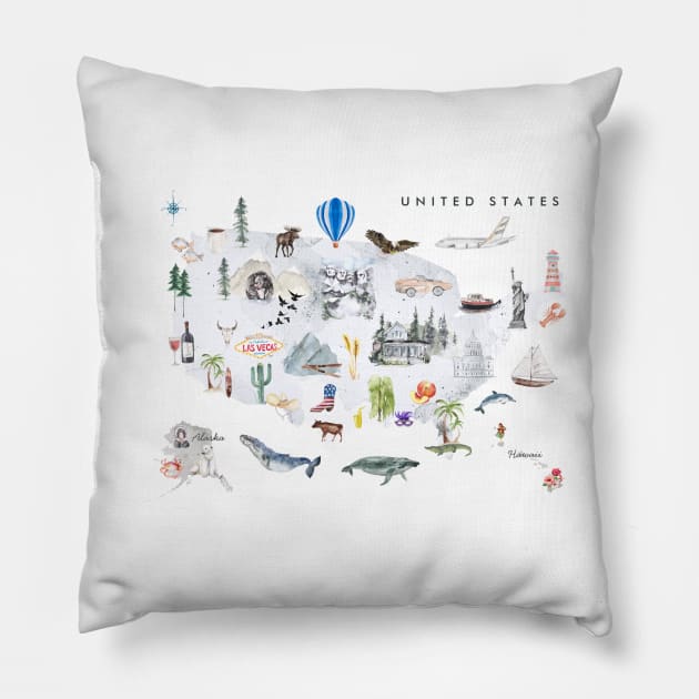 Illustrated Map of the United States Pillow by crazycanonmom