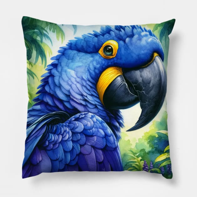 Colorful Hyacinth Macaw - Watercolor Bird Pillow by Aquarelle Impressions