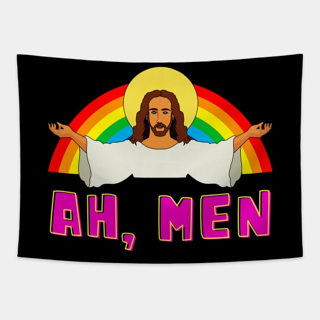 Funny LGBT Ah Man Jesus Gay Pride Rainbow Tapestry by Foxxy Merch