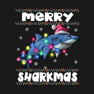 Merry Sharkmas Funny Santa Claus Ugly Christmas Lights Xmas Gift T-Shirt