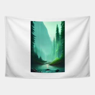 Greenish Nature Forest River Rocks Landscape Tapestry