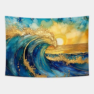 Golden Waves at Sunset Tapestry