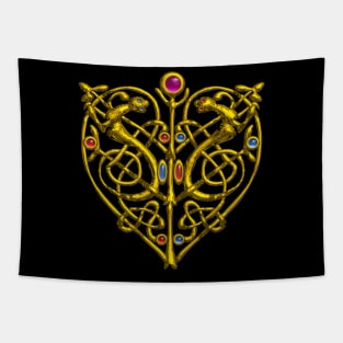 HYPER VALENTINE / GOLD CELTIC HEART WITH LIZARDS IN BLACK Tapestry