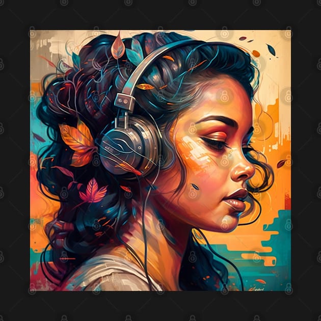 Beautiful Latina Woman Listening to Music by Unboxed Mind of J.A.Y LLC 