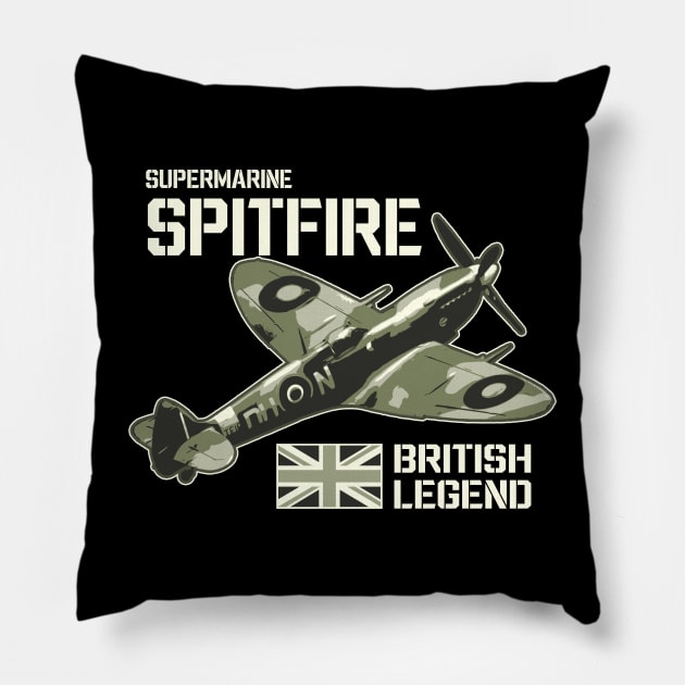 Spitfire Fighter Aircraft Airplane Aeroplane RAF Retro Plane UK British Legend Pillow by BeesTeez