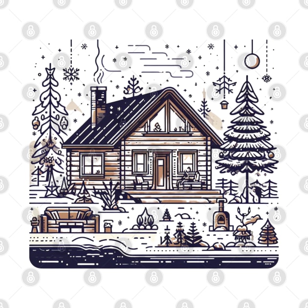 a warm and inviting cabin surrounded by a snowy landscape includes elements like a crackling fireplace, decorated Christmas tree, and perhaps a family or group of friends enjoying the holiday season inside. by maricetak