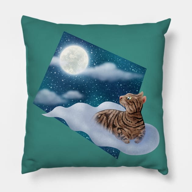 Staring at the moon. (cat sitting on the cloud.) Pillow by CleanRain3675