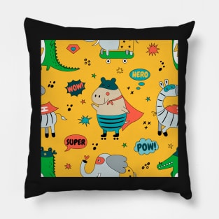 Zebra, elephant, crocodile, hippo in superhero costumes. Pillow