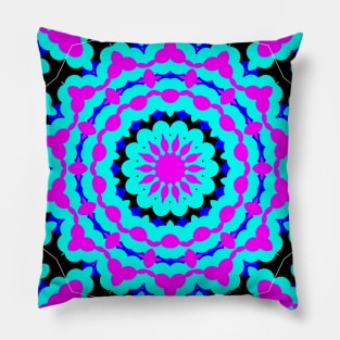 Mandala Kaleidoscope in Turquoise, Pink, Black, and Blue Pillow
