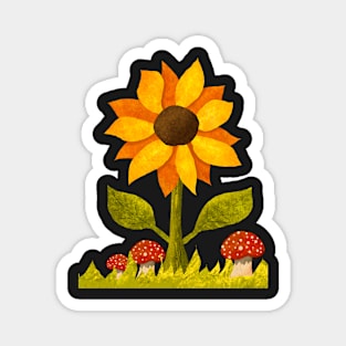 Sunflower in the grass along with some amanita mushrooms. Textured Illustration. Magnet