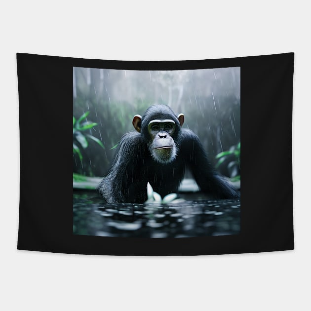 Chimpanzee in a Jungle lake in the rain Tapestry by Geminiartstudio